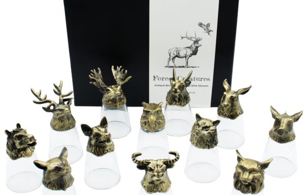 Gläserset aus 12 Schnapsgläsern – Sockel Wald- & Fabelwesen – Antikbronze